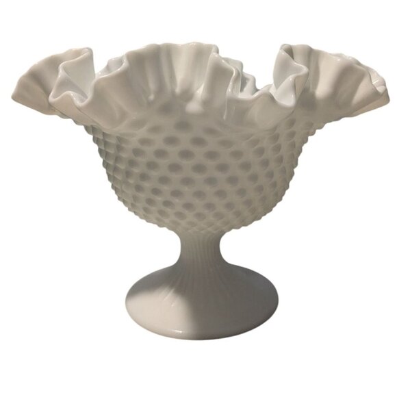 Fenton Other - Vintage Fenton Hobnail Milk Glass Pedestal Compote Vase with Ruffled Edge